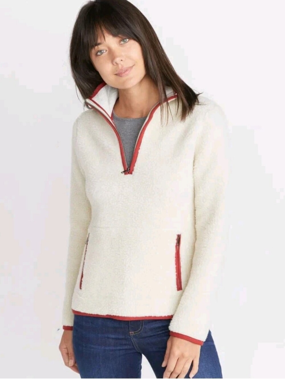 Marine Layer Cream Sherpa Quarter-Zip Pullover with Red Trim